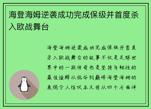 海登海姆逆袭成功完成保级并首度杀入欧战舞台 海登海姆逆袭成功完成保级并首度杀入欧战舞台