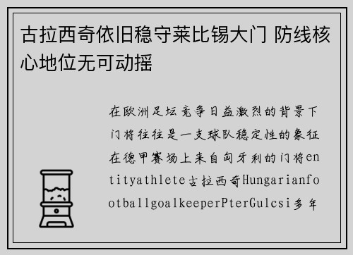 古拉西奇依旧稳守莱比锡大门 防线核心地位无可动摇